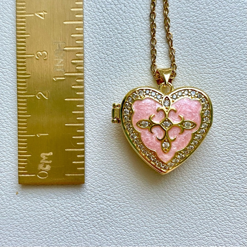 Gold and Pink Heart Locket Necklace N006 - Picture 3 of 4